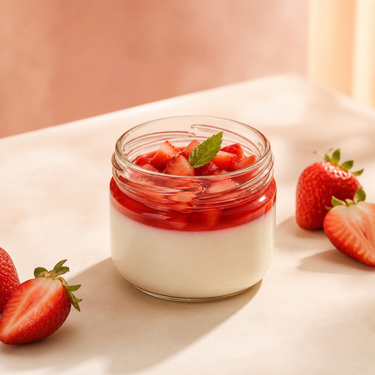 Panna cotta dâu tây trong hũ thủy tinh